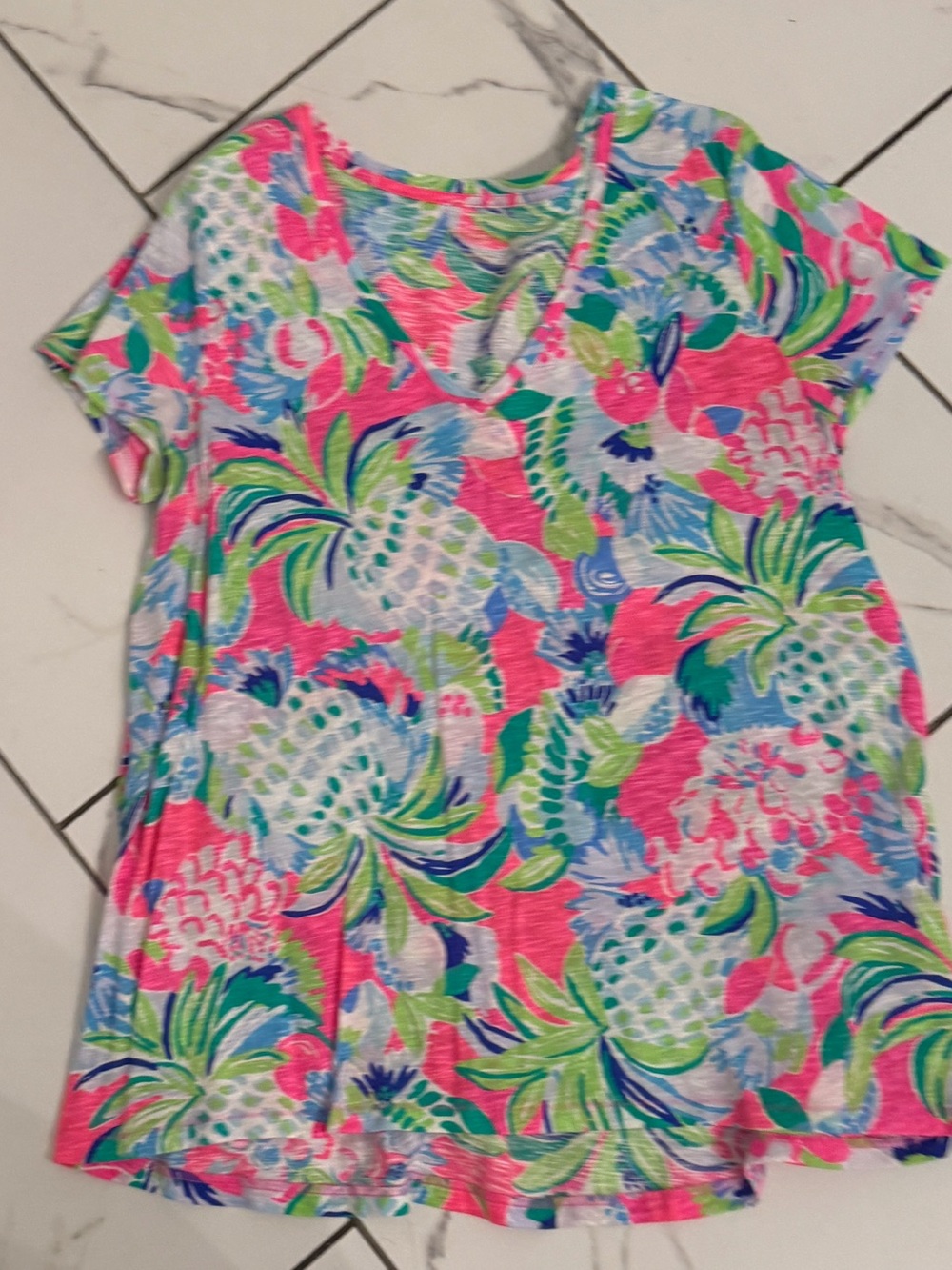Lilly Pulitzer Short Sleeve Floral Pineapple Tee in Pink, Green & Blue